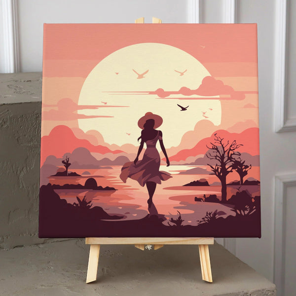 Silhouette of a woman walking towards a sunset over water