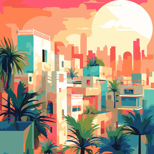Vibrant cityscape painting with palm trees and a sunset skyline