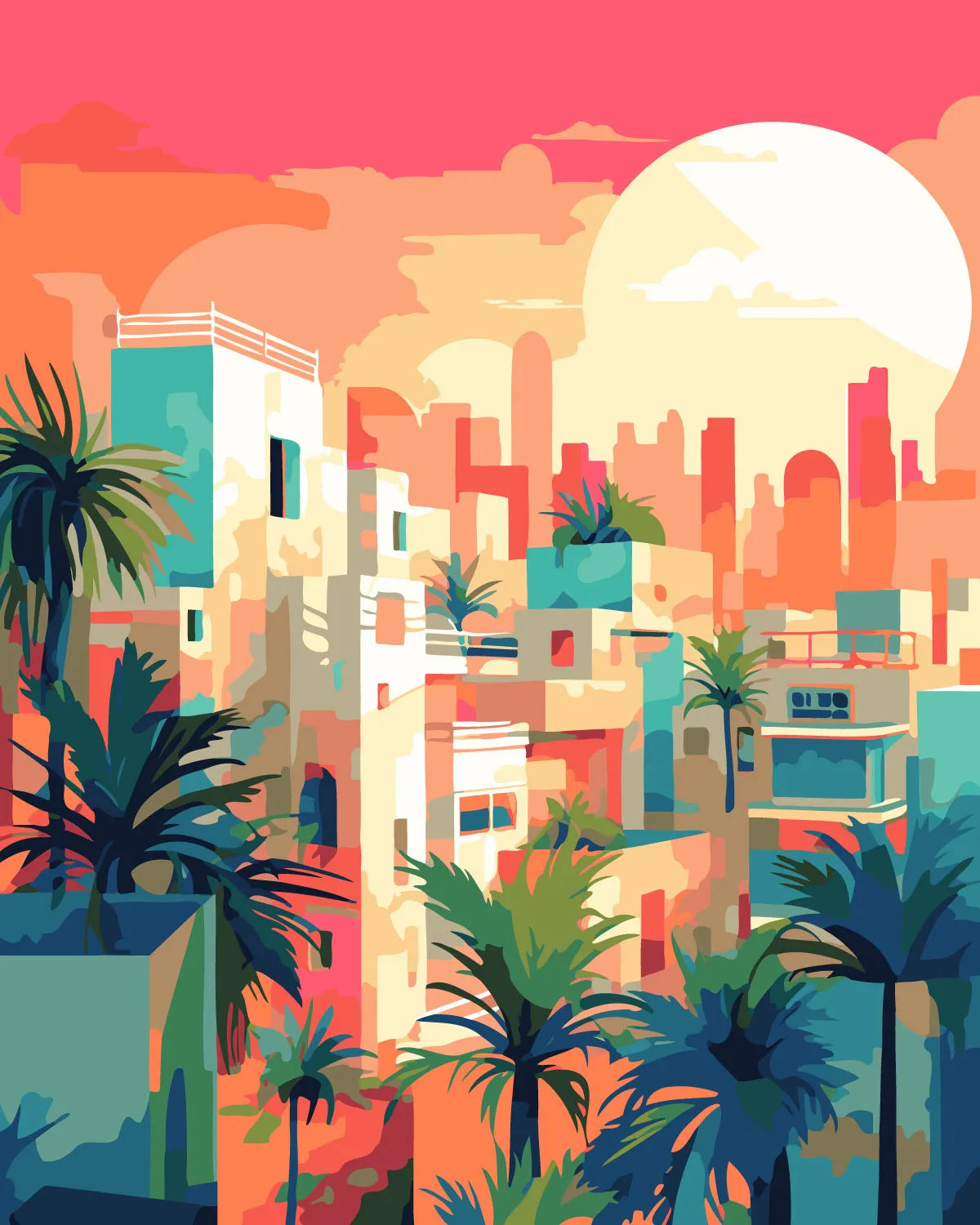 Vibrant cityscape painting with palm trees and a sunset skyline