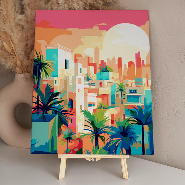 Vibrant cityscape painting with palm trees and a sunset skyline
