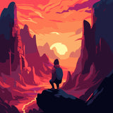Hiker overlooking a dramatic canyon landscape at sunset painting