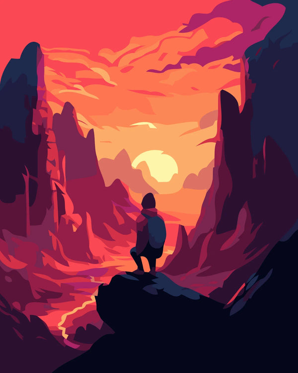 Hiker overlooking a dramatic canyon landscape at sunset painting