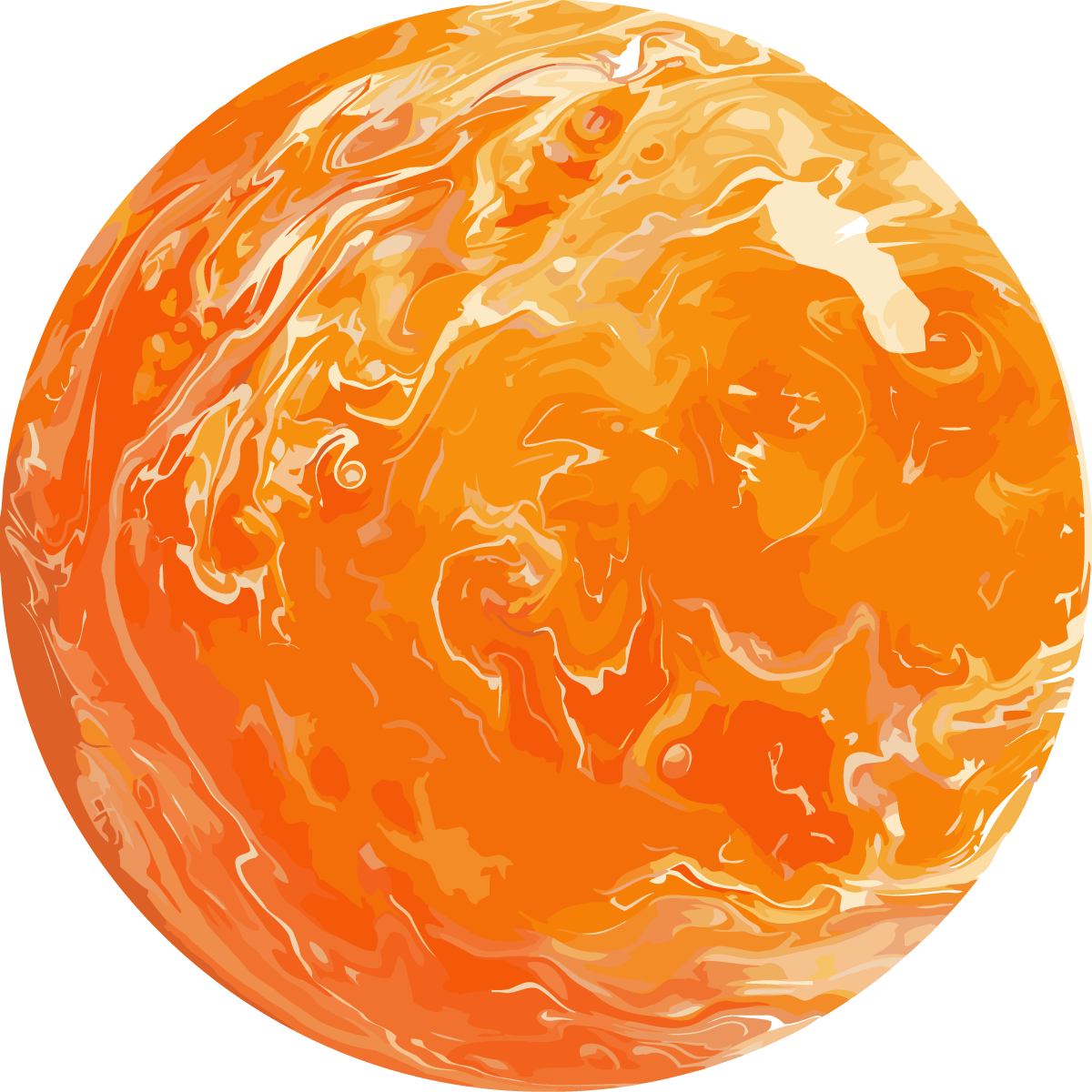 Abstract painting of an orange swirling planet with dynamic textures