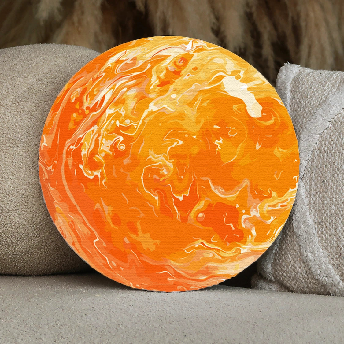 Abstract painting of an orange swirling planet with dynamic textures