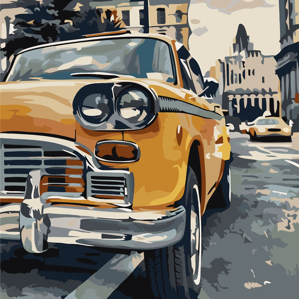 Stylized painting of a vintage yellow taxi in a cityscape