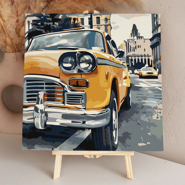Stylized painting of a vintage yellow taxi in a cityscape