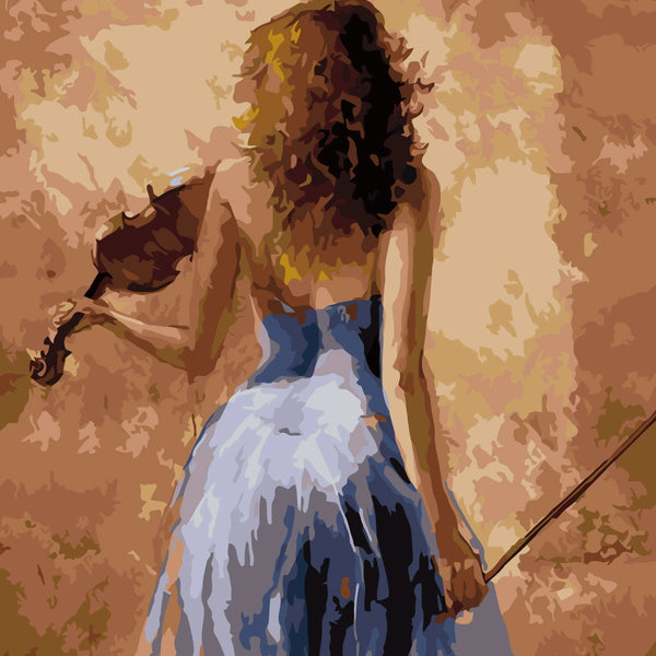 Stylized painting of a woman in a blue dress holding a violin