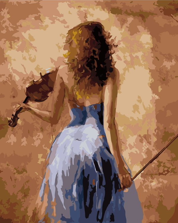 Stylized painting of a woman in a blue dress holding a violin