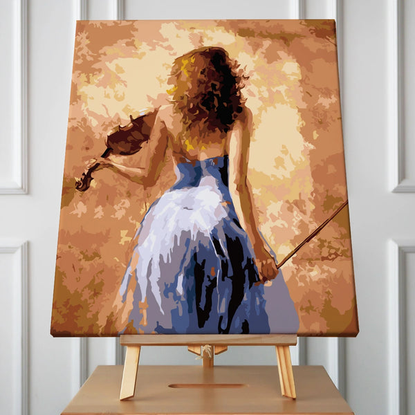 Stylized painting of a woman in a blue dress holding a violin