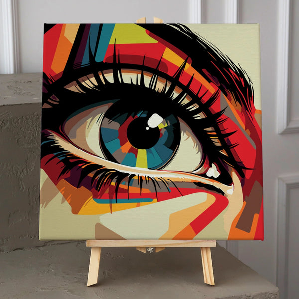 Colorful abstract painting of a human eye with vibrant patterns