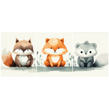 Adorable woodland animals watercolor painting featuring fox raccoon and wolf