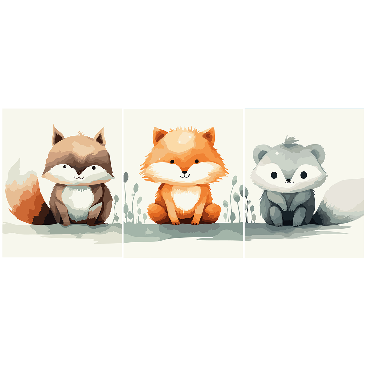 Adorable woodland animals watercolor painting featuring fox raccoon and wolf