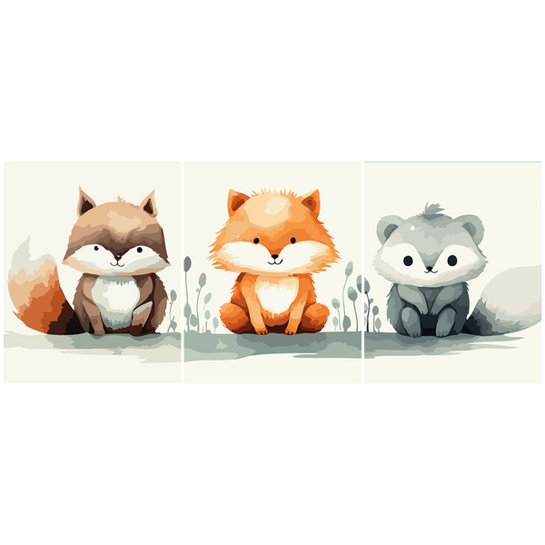 Adorable woodland animals watercolor painting featuring fox raccoon and wolf