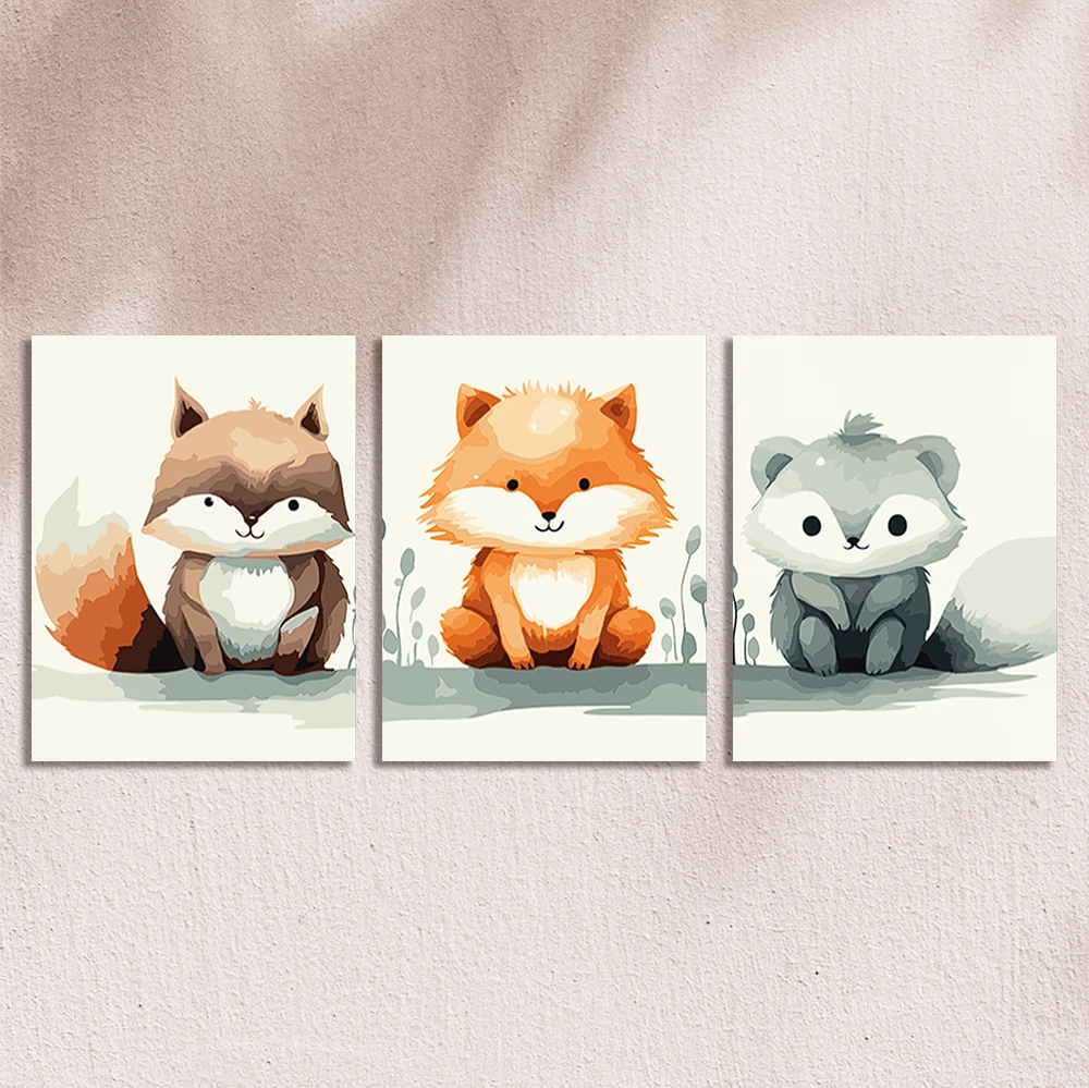Adorable woodland animals watercolor painting featuring fox raccoon and wolf