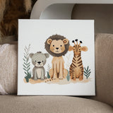 Cute watercolor painting of a lion, bear, and giraffe together