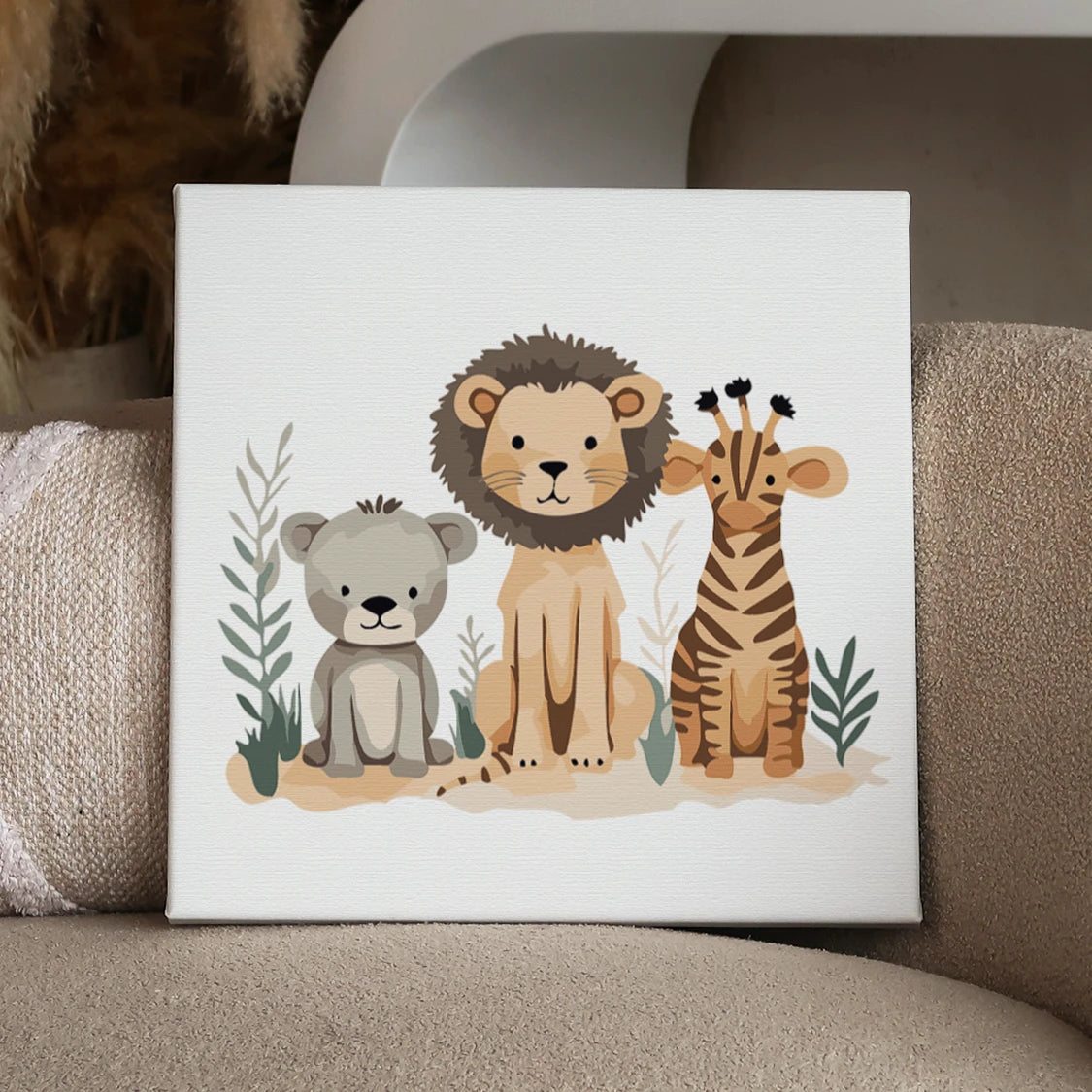 Cute watercolor painting of a lion, bear, and giraffe together