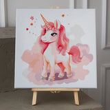 Watercolor painting of a pink unicorn with a flowing mane