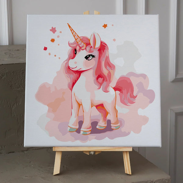 Watercolor painting of a pink unicorn with a flowing mane
