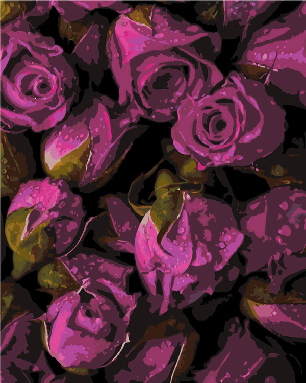 Stylized painting of vibrant purple roses with dark background