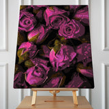 Stylized painting of vibrant purple roses with dark background
