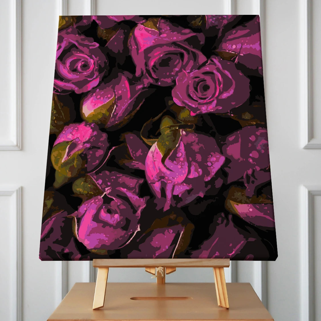Stylized painting of vibrant purple roses with dark background