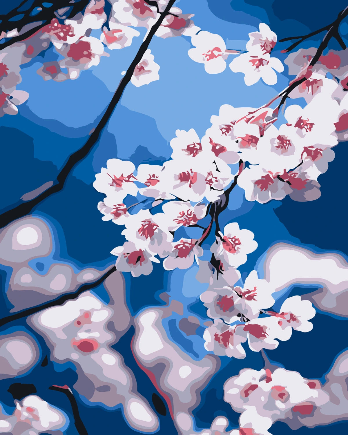 Stylized painting of cherry blossoms against a bright blue sky