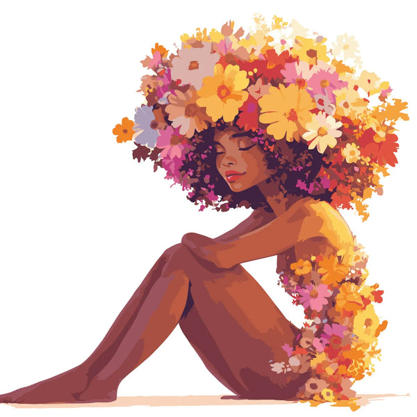 Vibrant painting of a woman with flowers as hair