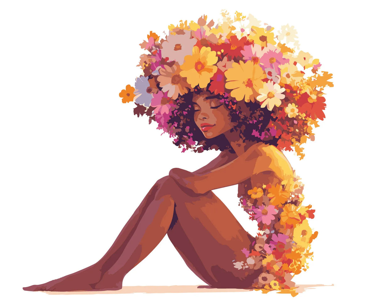 Vibrant painting of a woman with flowers as hair