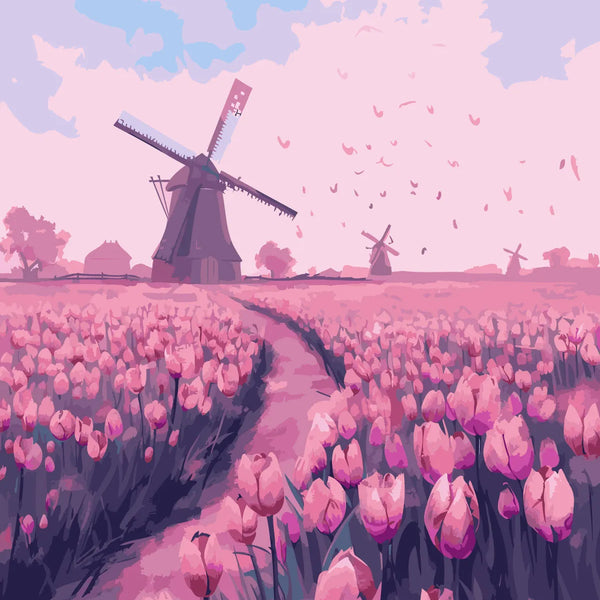 Vibrant tulip field with windmills under a pastel sky