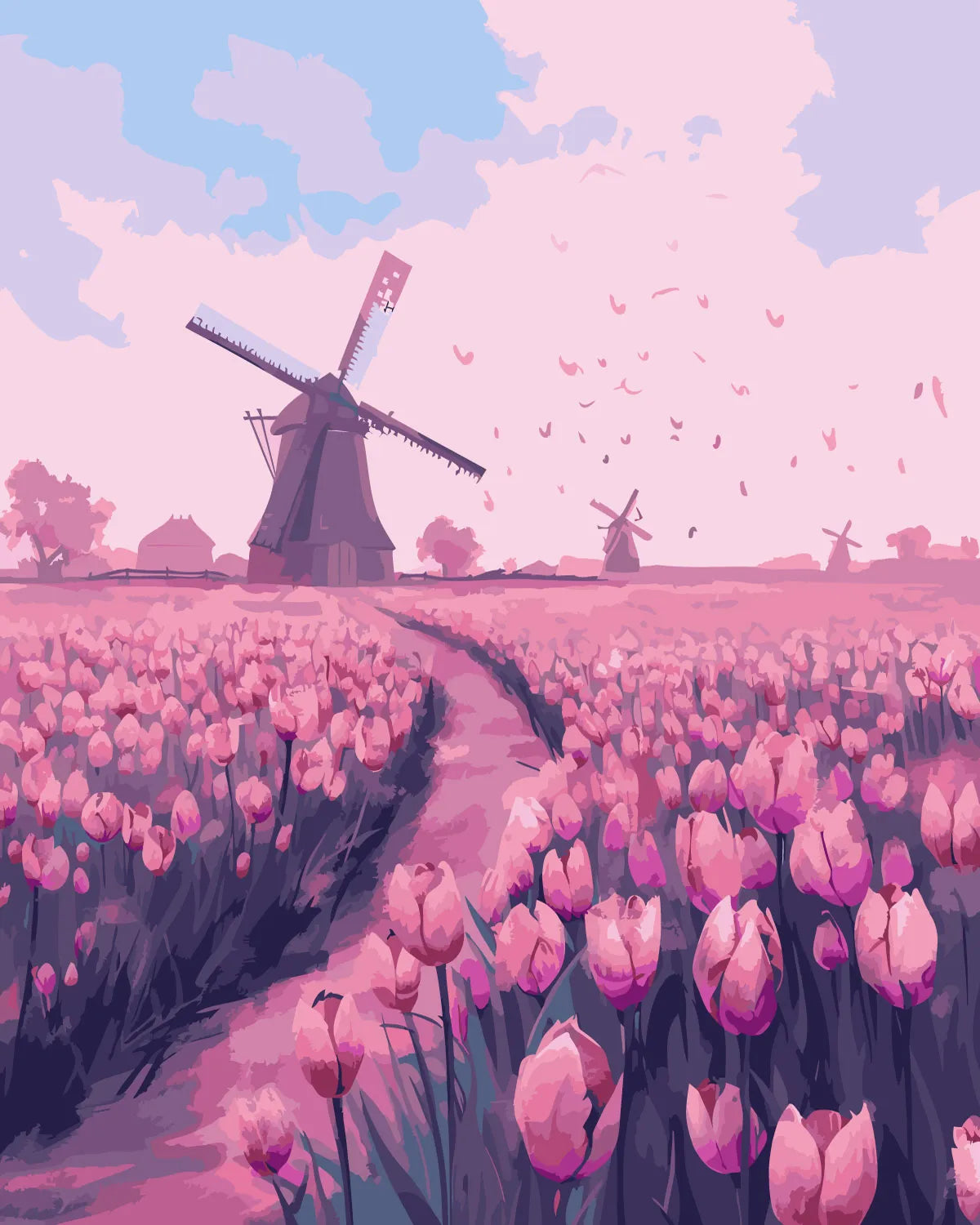 Vibrant tulip field with windmills under a pastel sky