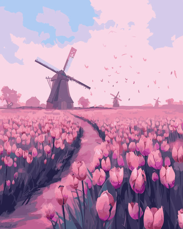 Vibrant tulip field with windmills under a pastel sky