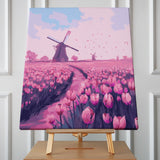 Vibrant tulip field with windmills under a pastel sky