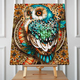 Colorful stylized painting of an owl with intricate patterns