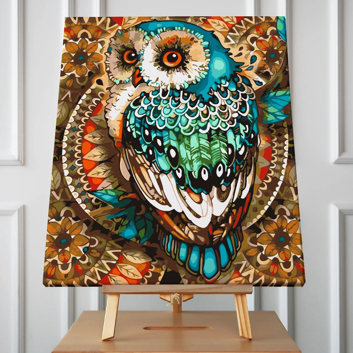 Colorful stylized painting of an owl with intricate patterns