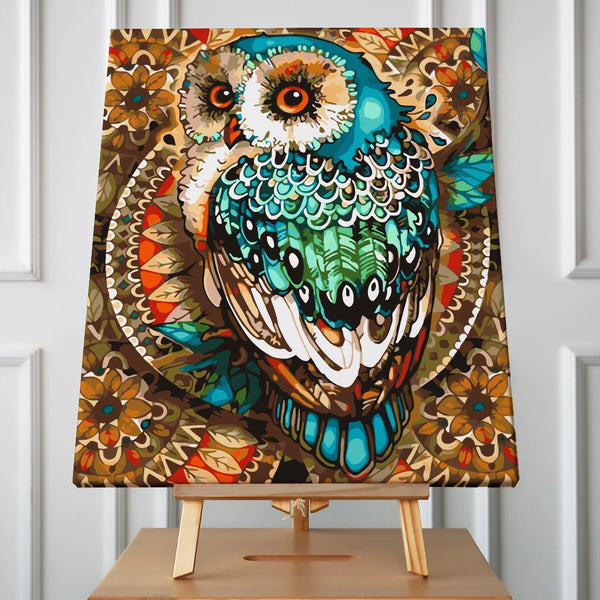 Colorful stylized painting of an owl with intricate patterns