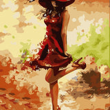 Stylized painting of a woman in red dress and hat