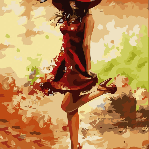 Stylized painting of a woman in red dress and hat