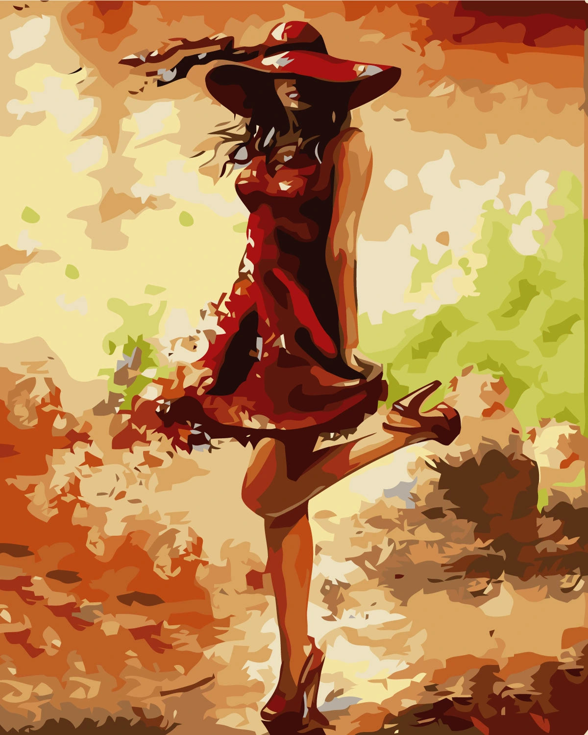 Stylized painting of a woman in red dress and hat