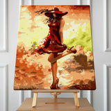 Stylized painting of a woman in red dress and hat