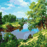 Painting of a peaceful river landscape with lush green trees