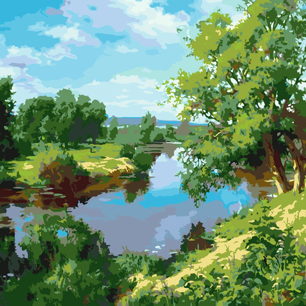 Painting of a peaceful river landscape with lush green trees