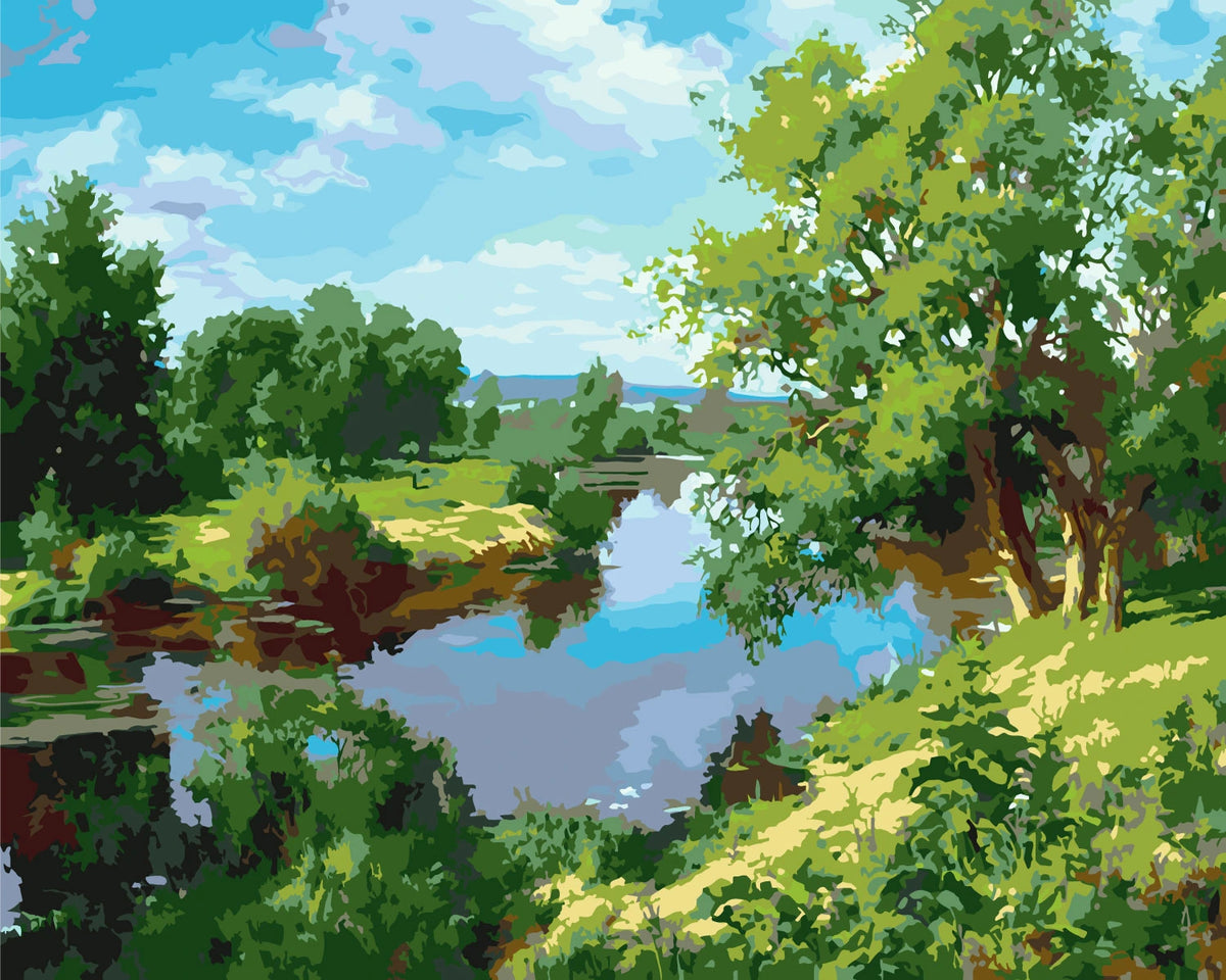 Painting of a peaceful river landscape with lush green trees