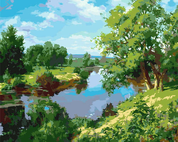 Painting of a peaceful river landscape with lush green trees