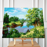 Painting of a peaceful river landscape with lush green trees