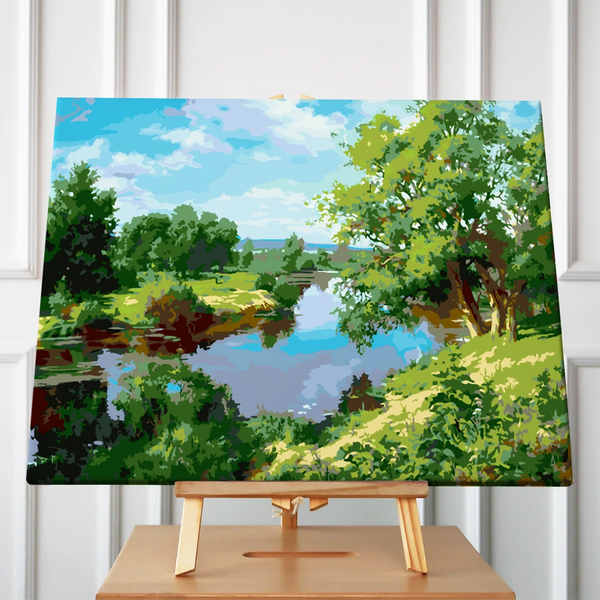 Painting of a peaceful river landscape with lush green trees