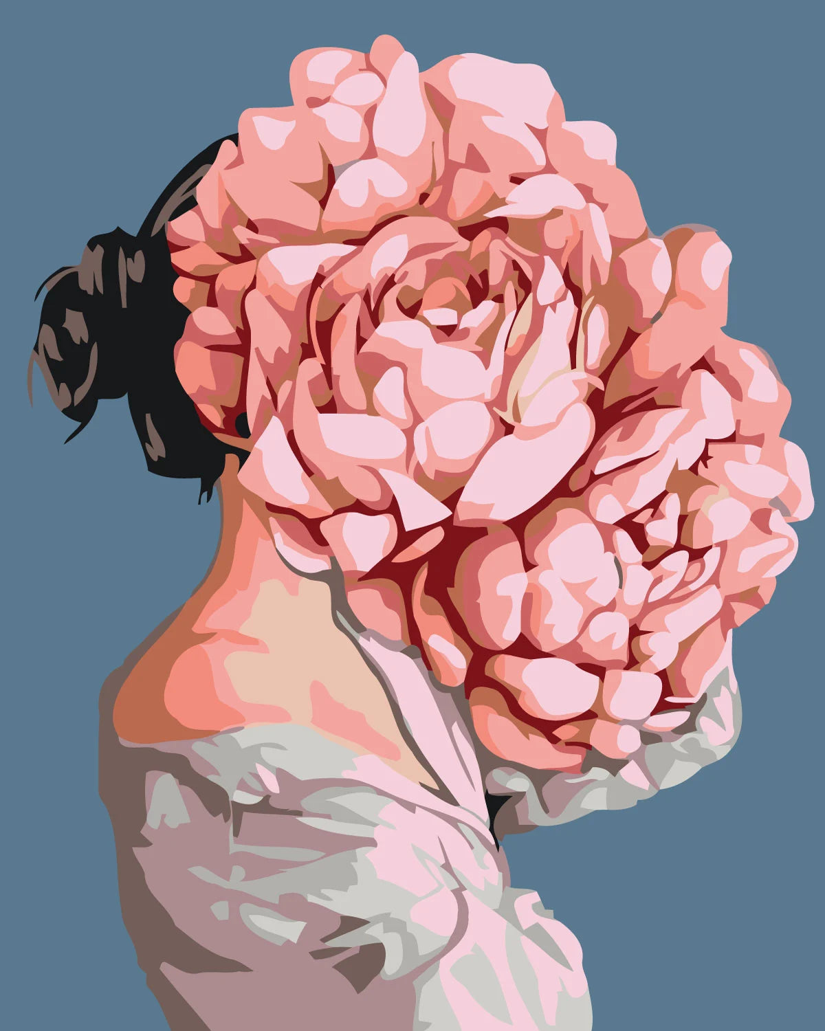 Surreal portrait of a woman with blooming pink roses head