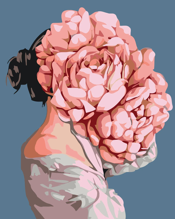Surreal portrait of a woman with blooming pink roses head