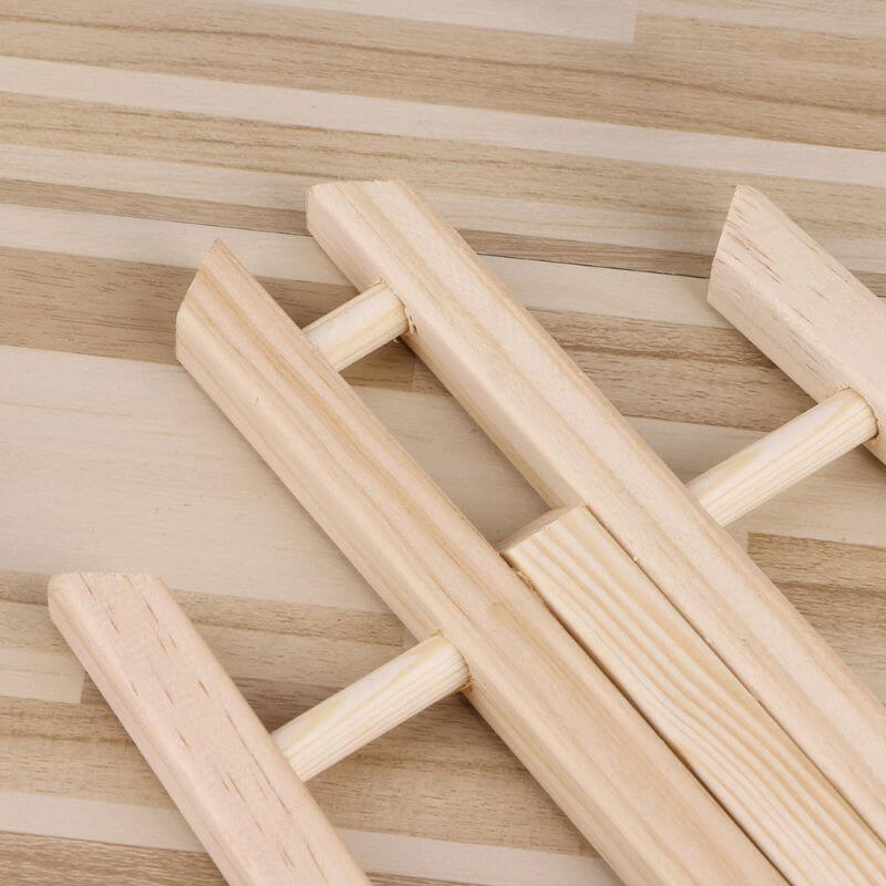 Close-up of folding pine easel – lightweight natural wood
