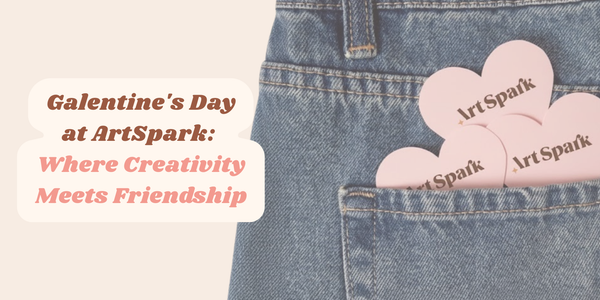 beige background with jeans on the right, with a pocket showcasing pink hearts and artspark logo in middle, one the left the text reads "Galentine's Day at ArtSpark:  Where Creativity Meets Friendship
