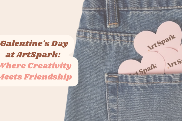 beige background with jeans on the right, with a pocket showcasing pink hearts and artspark logo in middle, one the left the text reads "Galentine's Day at ArtSpark:  Where Creativity Meets Friendship